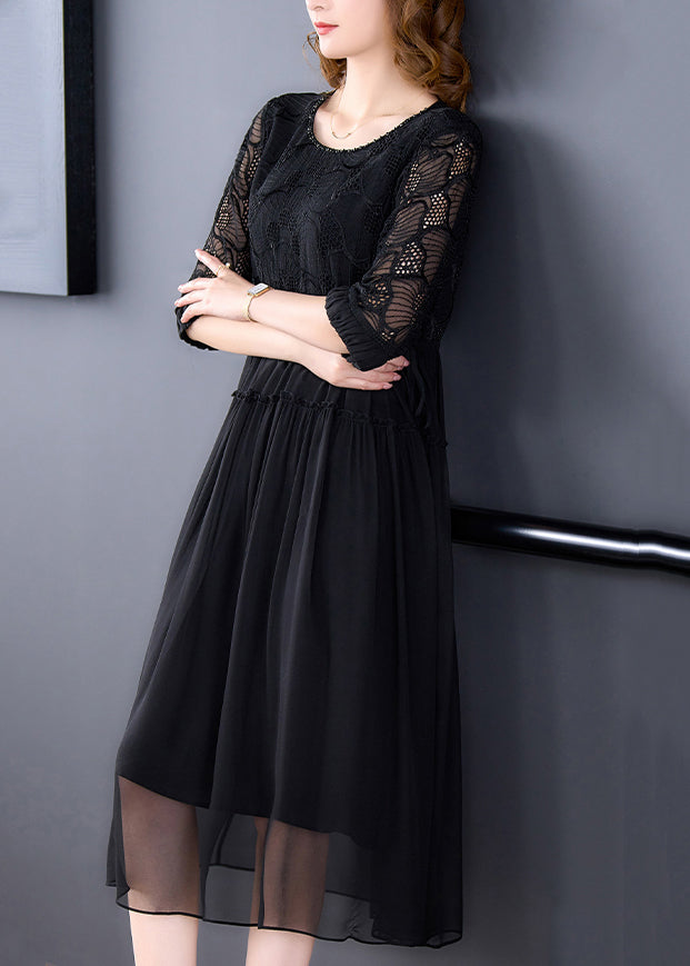 French Black Wrinkled Lace Up Chiffon Long Dress Half Sleeve