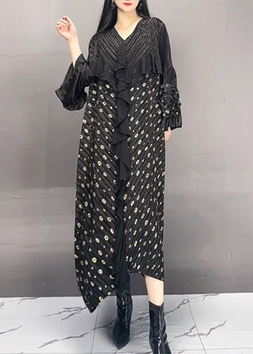 French Black Wrinkled Print Patchwork Cotton Long Dress Fall