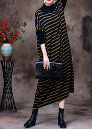 French Black Yellow Striped Turtle Neck Knit Long Dress Batwing Sleeve