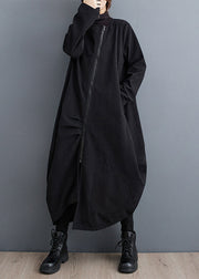 French Black Zip Up Pockets Patchwork Cotton Long Coats Fall