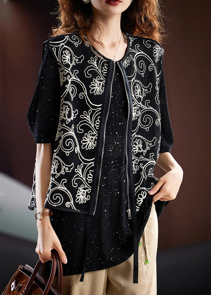 French Black Zippered Embroidered Hollow Out Waistcoat Sleeveless