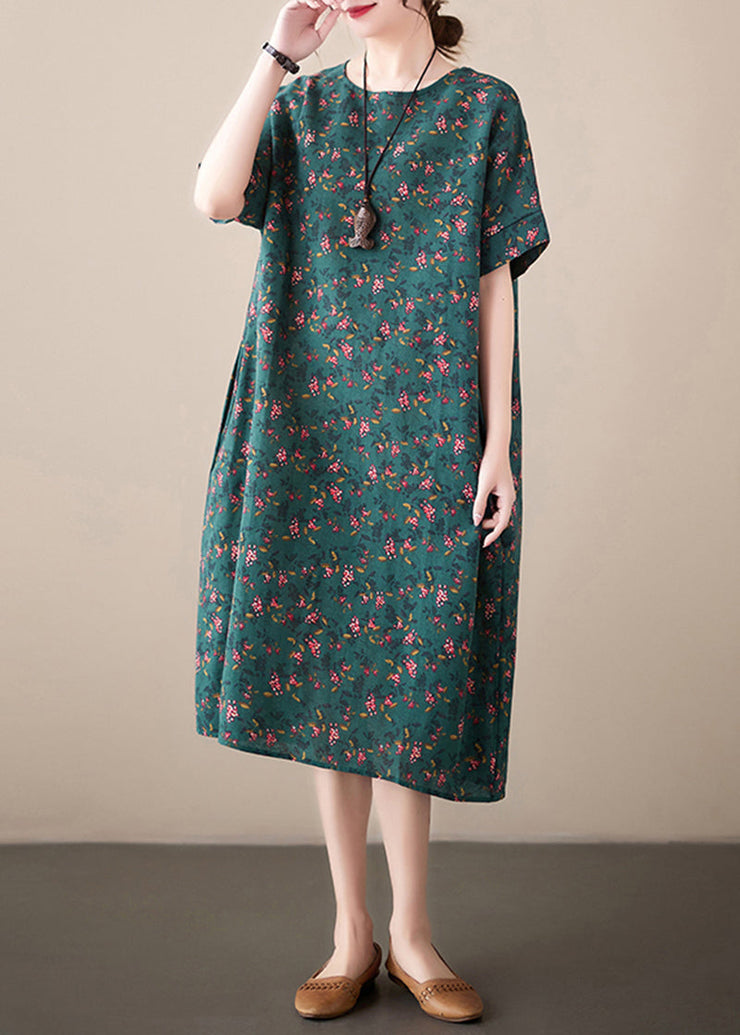 French Blackish Green O-Neck Print Linen Dresses Summer