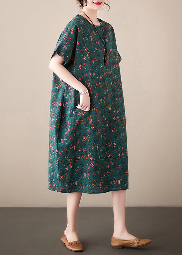 French Blackish Green O-Neck Print Linen Dresses Summer