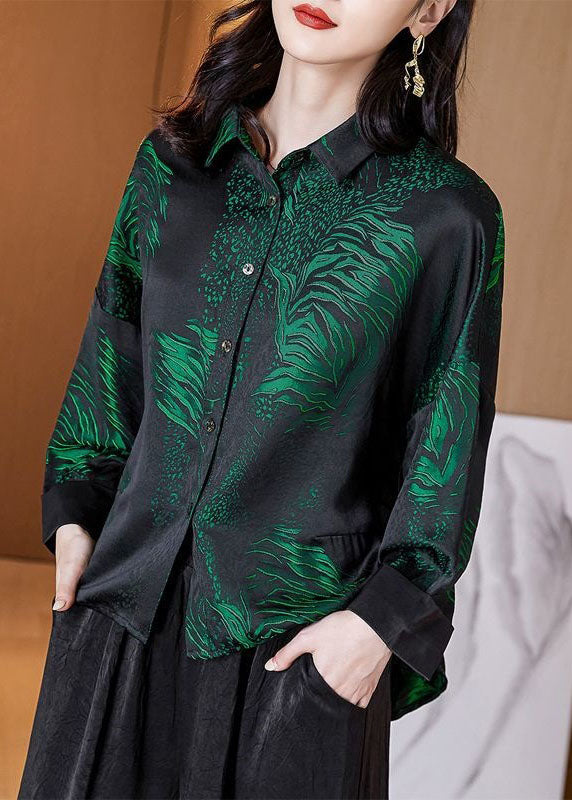 French Blackish Green Peter Pan Collar Print Patchwork Silk Shirts Long Sleeve