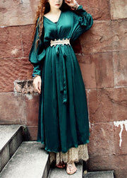 French Blackish Green V Neck Lace Patchwork Silk Maxi Dresses Batwing Sleeve