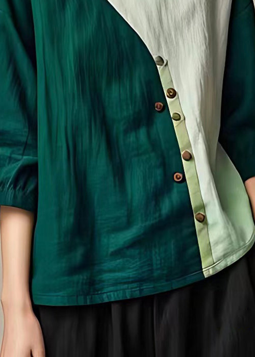 French Blackish Green V Neck Patchwork Cotton T Shirt Bracelet Sleeve