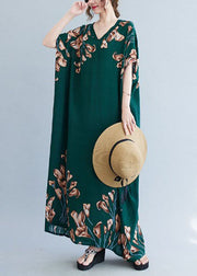 French Blackish Green V Neck Print Cotton Loose Maxi Dress Batwing Sleeve