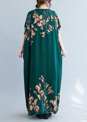 French Blackish Green V Neck Print Cotton Loose Maxi Dress Batwing Sleeve