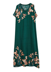 French Blackish Green V Neck Print Cotton Loose Maxi Dress Batwing Sleeve