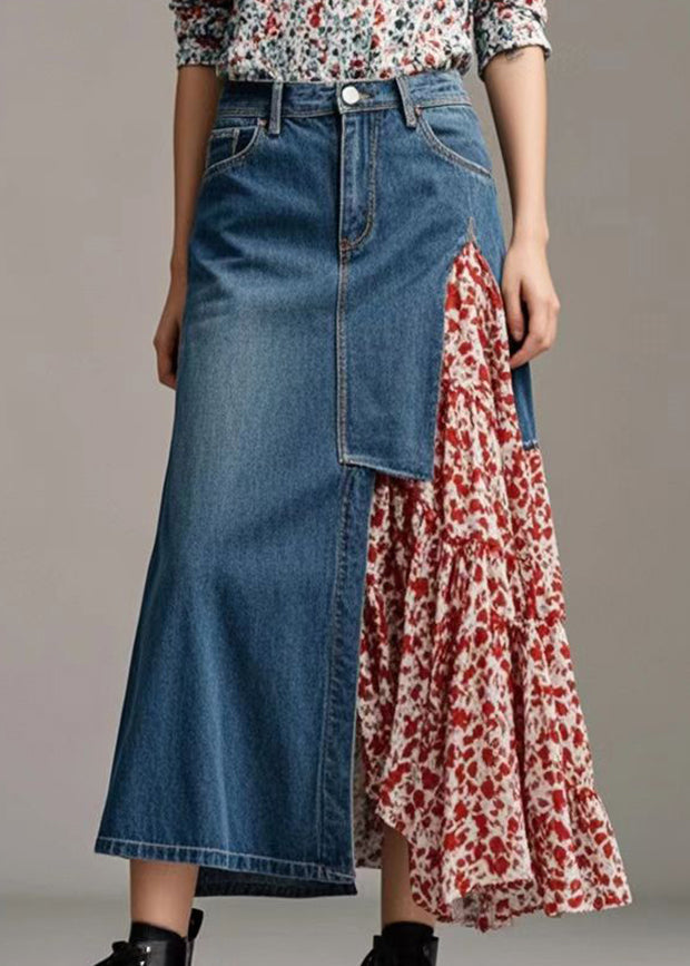 French Blue Asymmetrical Patchwork Denim Skirt Spring