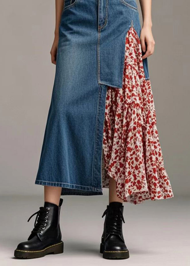 French Blue Asymmetrical Patchwork Denim Skirt Spring