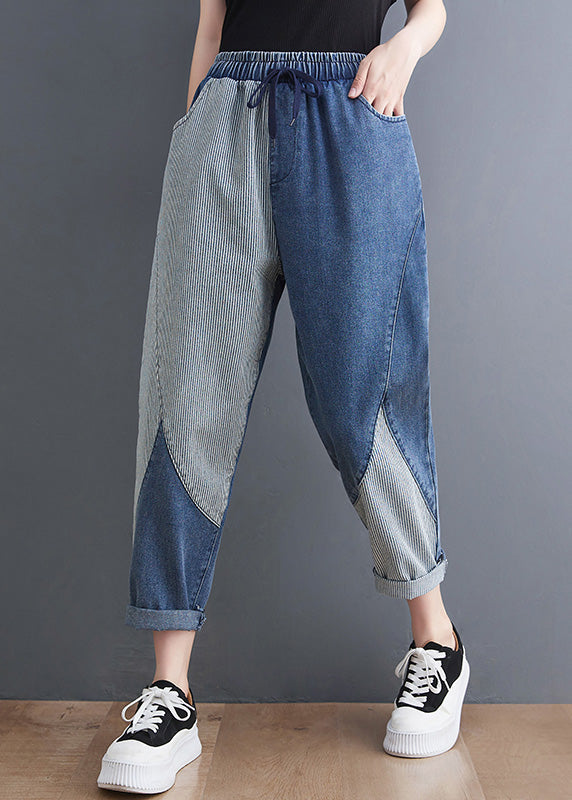 French Blue Asymmetrical Patchwork Drawstring Elastic Waist Denim Crop Pants Spring