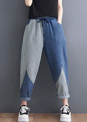 French Blue Asymmetrical Patchwork Drawstring Elastic Waist Denim Crop Pants Spring