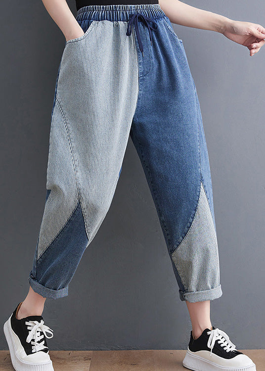 French Blue Asymmetrical Patchwork Drawstring Elastic Waist Denim Crop Pants Spring