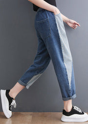 French Blue Asymmetrical Patchwork Drawstring Elastic Waist Denim Crop Pants Spring