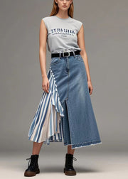 French Blue Asymmetrical Patchwork Striped Denim Skirts Spring