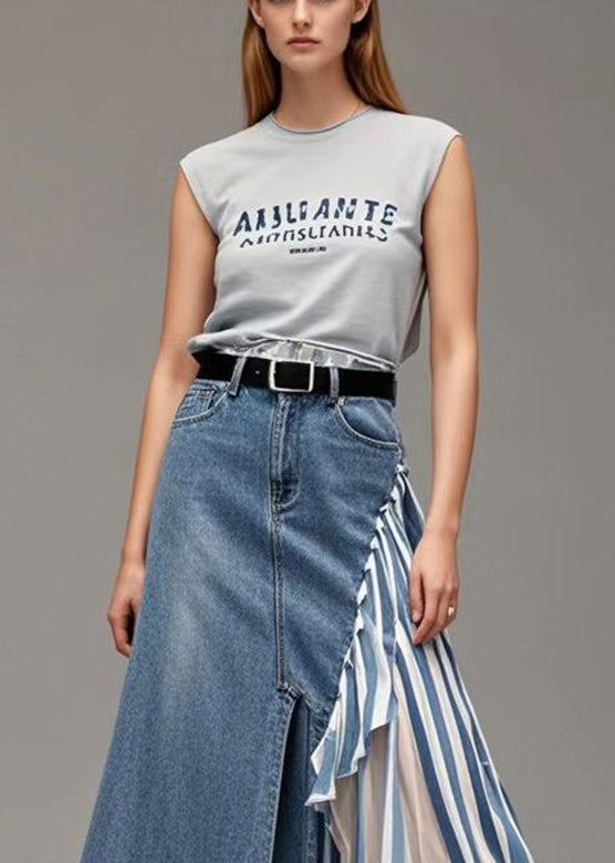 French Blue Asymmetrical Patchwork Striped Denim Skirts Spring