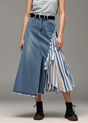 French Blue Asymmetrical Patchwork Striped Denim Skirts Spring