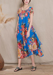 French Blue Asymmetrical Print Patchwork Cotton Dresses Summer