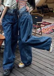 French Blue Button High Waist Denim Pants Summer