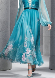 French Blue Cinched Print Chiffon Maxi Dresses Fall