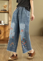 French Blue Embroidered Elastic Waist Denim Crop Pants Summer