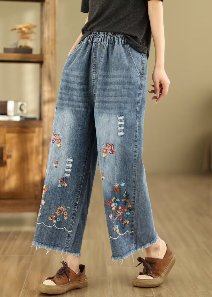 French Blue Embroidered Elastic Waist Denim Crop Pants Summer