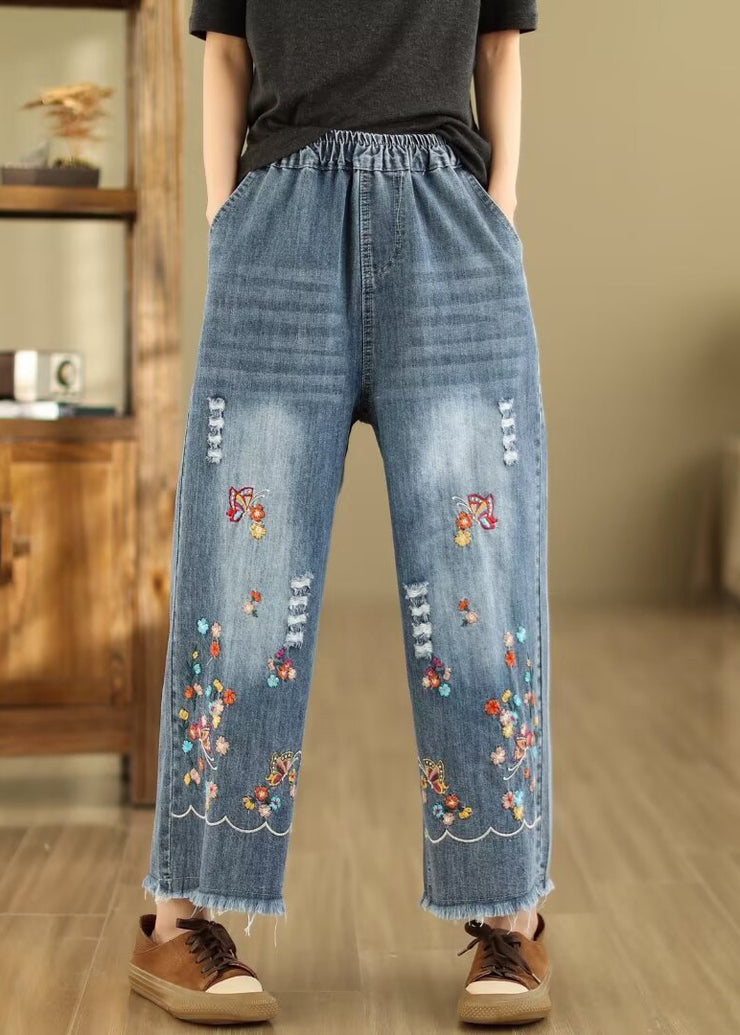 French Blue Embroidered Elastic Waist Denim Crop Pants Summer