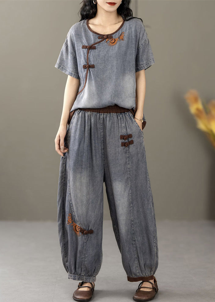 French Blue Embroidered Pockets Patchwork Denim Two-Piece Set Summer