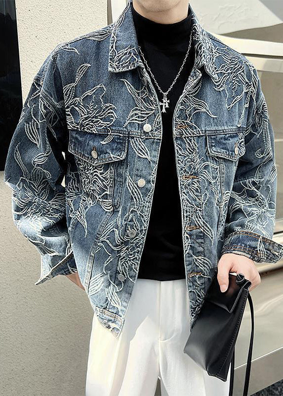 French Blue Embroideried Button Denim Men Coat Fall