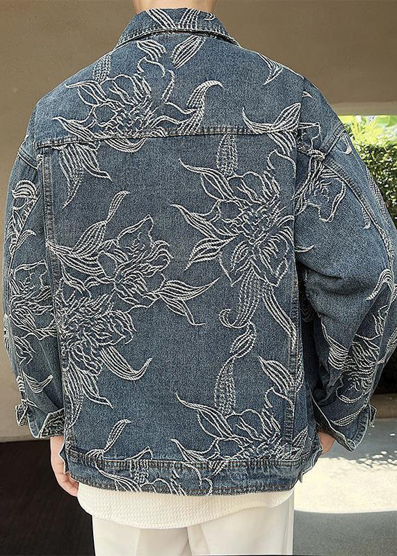 French Blue Embroideried Button Denim Men Coat Fall