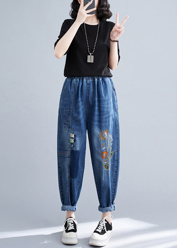 French Blue Embroideried Patchwork Denim Harem Pants Summer