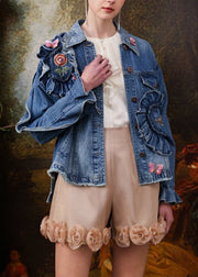 French Blue Embroidered Ruffled Patchwork Denim Coats Spring