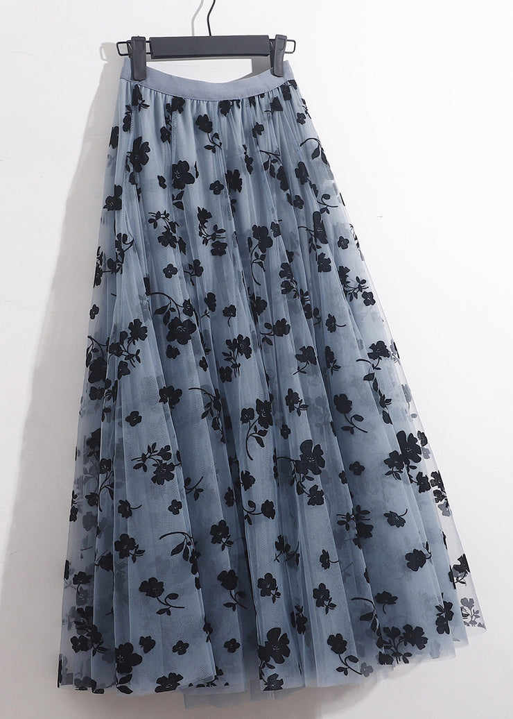 French Blue Floral Elastic Waist Tulle Skirts Summer