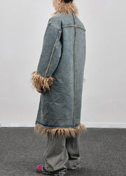 French Blue Fluffy Button Patchwork Thick Long Coat Winter