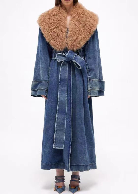 French Blue Fur Collar Tie Waist Denim Long Coats Winter