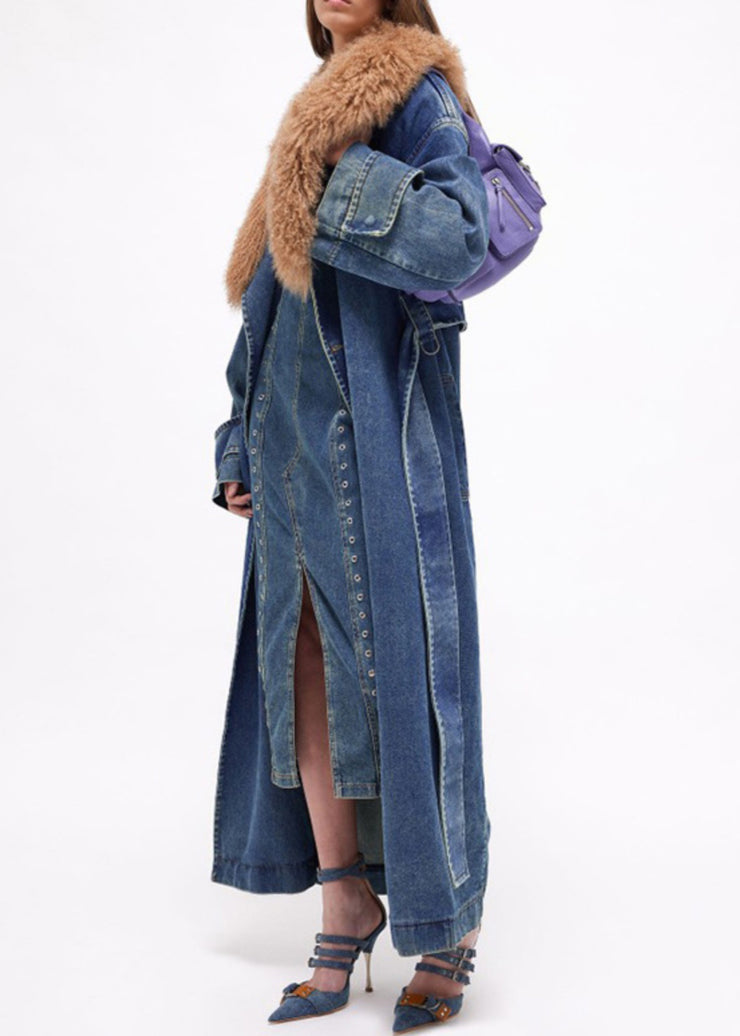 French Blue Fur Collar Tie Waist Denim Long Coats Winter