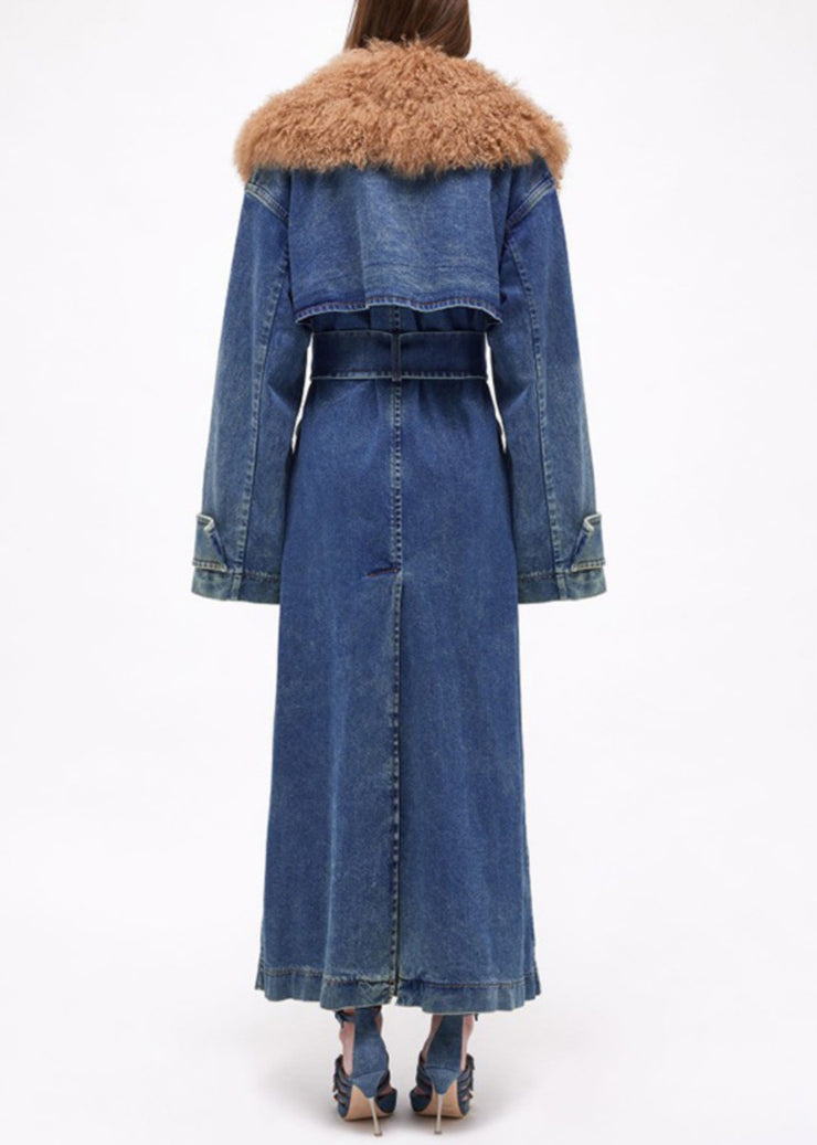 French Blue Fur Collar Tie Waist Denim Long Coats Winter