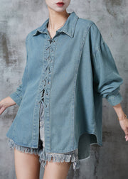 French Blue Grey Cross Strap Denim Shirt Top Fall