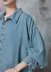 French Blue Grey Cross Strap Denim Shirt Top Fall