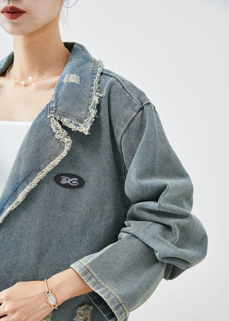 French Blue Grey Oversized Pockets Denim Ripped Coat Outwear Fall