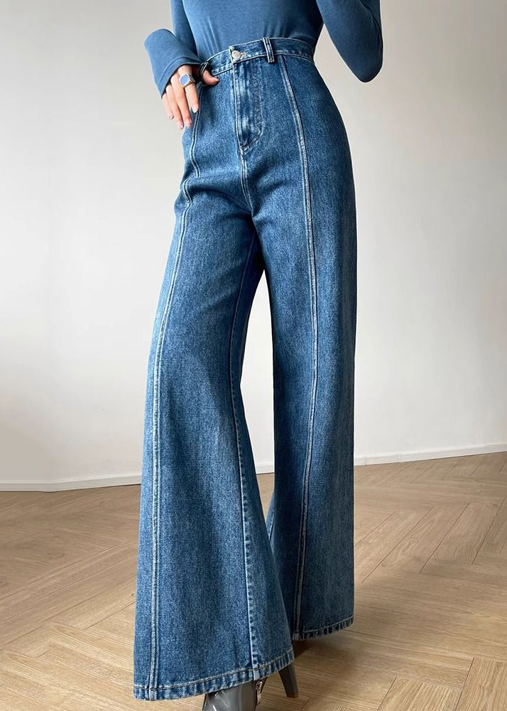 French Blue Hig Waist Patchwork Denim Pants Fall