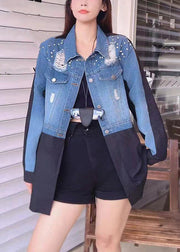 French Blue Hole Button Patchwork Denim Coats Fall