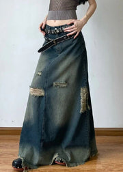 French Blue Hole High Waist Denim Maxi Skirts Summer