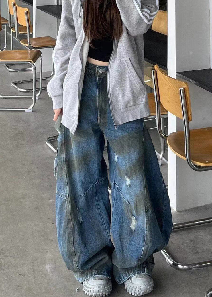 French Blue Hole High Waist Denim Pants Fall