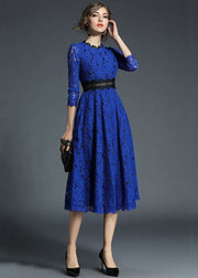 French Blue Hollow Out Embroideried Patchwork Lace Dresses Summer