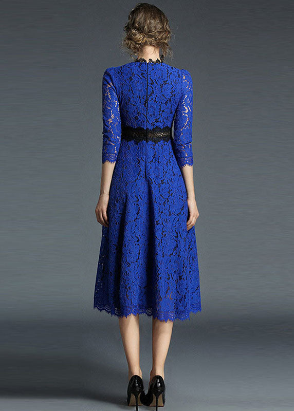 French Blue Hollow Out Embroideried Patchwork Lace Dresses Summer