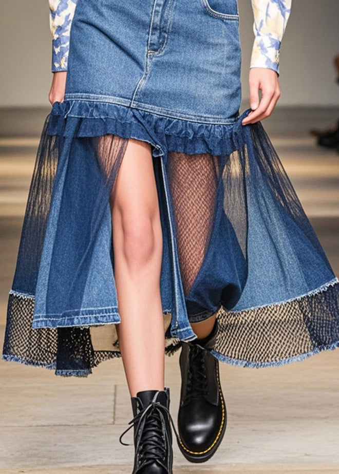 French Blue Hollow Out Patchwork Denim Skirt Summer