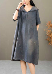 French Blue Hooded Button Denim Dresses Summer