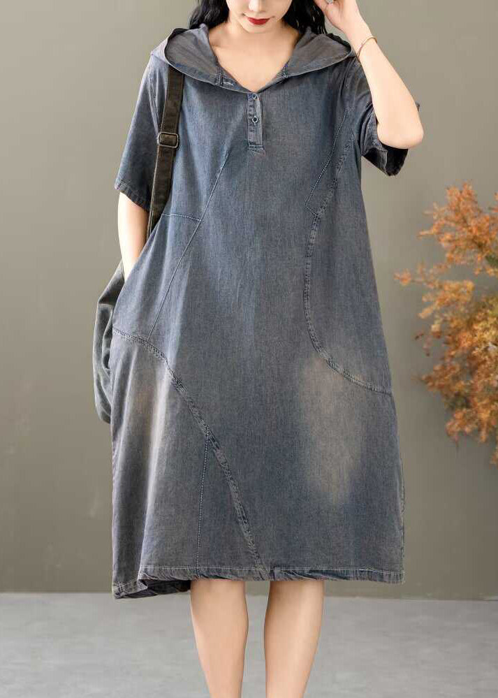 French Blue Hooded Button Denim Dresses Summer